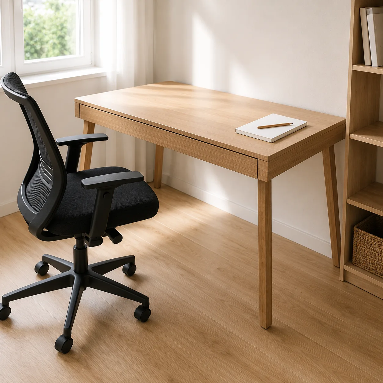 Poste de travail vide, bureau en bois clair et siège de bureau, prêt pour un test