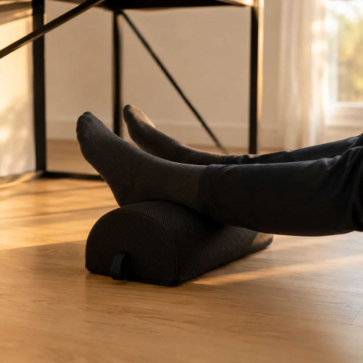 Pieds en chaussettes posés sur le coussin repose-pied à mémoire de forme noir Reposia sous un bureau, jambes légèrement surélevées dans la lumière du soir