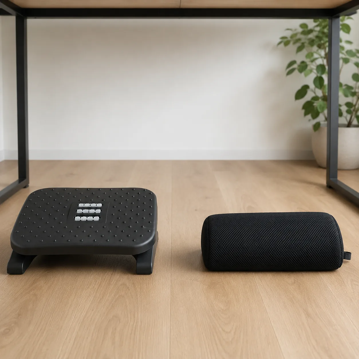 Pied en chaussette basculant le repose-pied ergonomique vers l’avant sur son socle à bascule