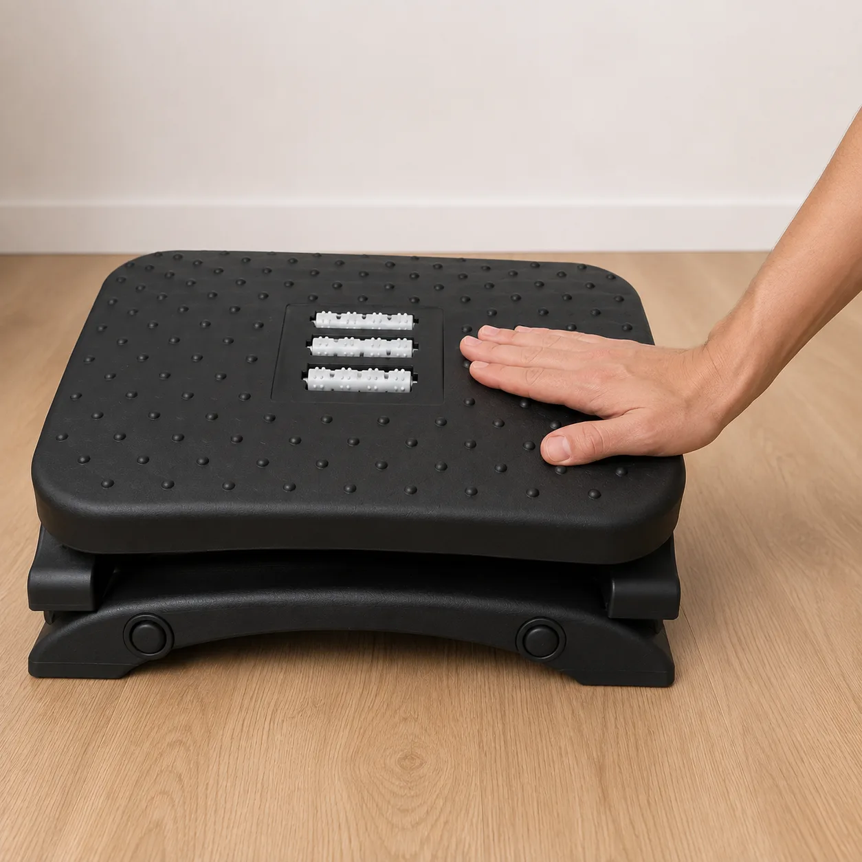 Pied posé sur le repose-pied ergonomique vu de profil, appui sur l’avant du plateau