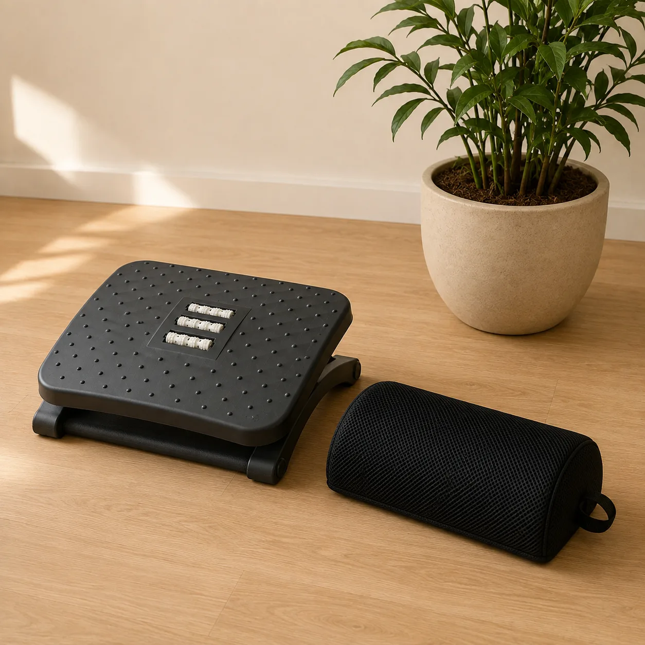 Repose-pied ergonomique, mètre ruban et carnet posés sur une table en bois clair